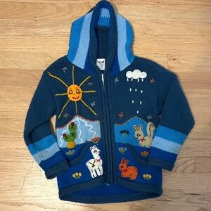 Kids' Hooded Zip Sweater Jacket - Navy Blue with Playful Animal Embroidery
